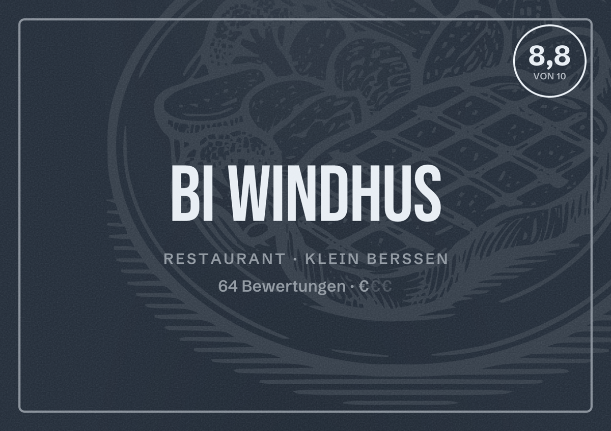 Illustriertes Poster von Bi Windhus, Restaurant in Klein Berßen: Bewertung 8,8 von 10 aus 64 Bewertungen, Preisniveau €