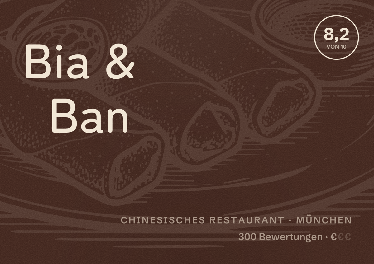Illustriertes Poster von Bia & Ban, Chinesisches Restaurant in München: Bewertung 8,2 von 10 aus 300 Bewertungen, Preisniveau €