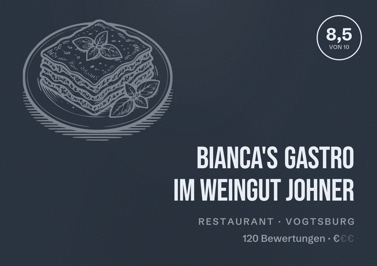 Illustriertes Poster von Bianca's Gastro im Weingut Johner, Restaurant in Vogtsburg: Bewertung 8,5 von 10 aus 120 Bewertungen, Preisniveau €