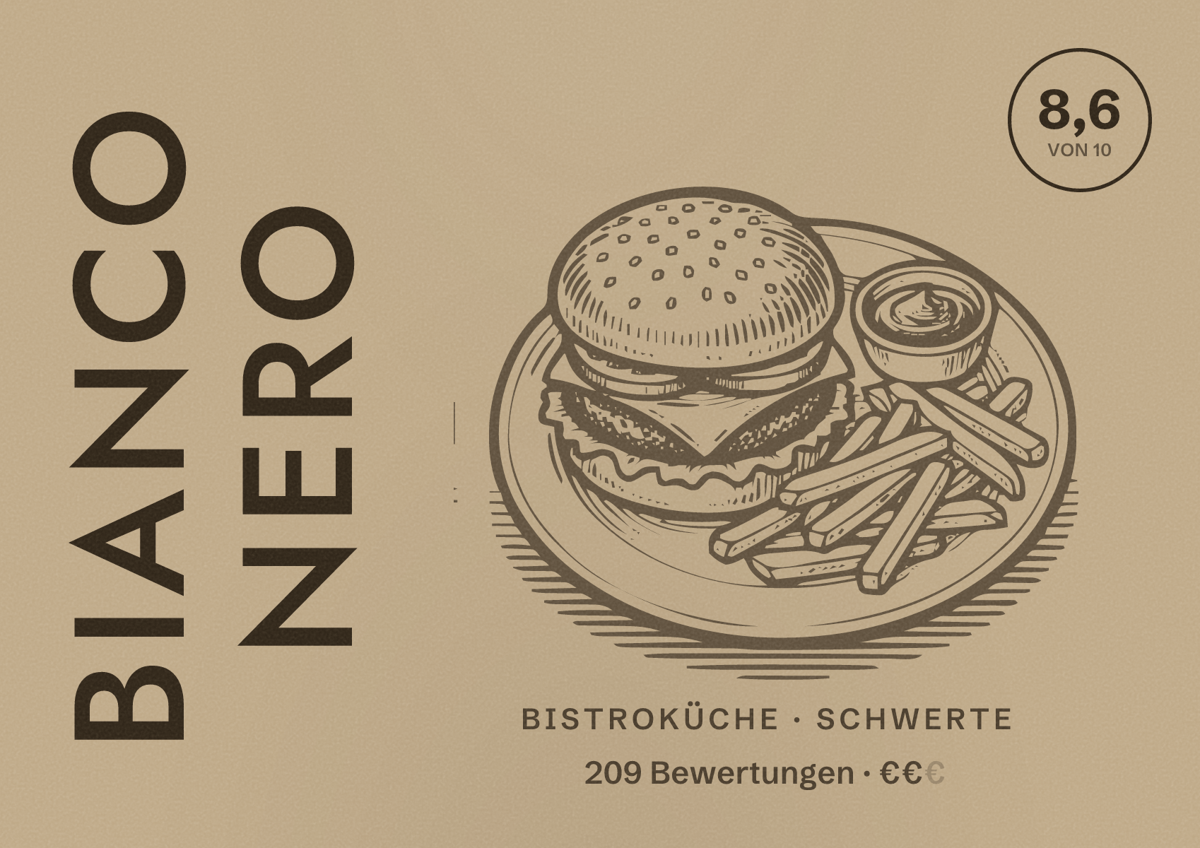 Illustriertes Poster von Bianco Nero, Bistroküche in Schwerte: Bewertung 8,6 von 10 aus 209 Bewertungen, Preisniveau €€