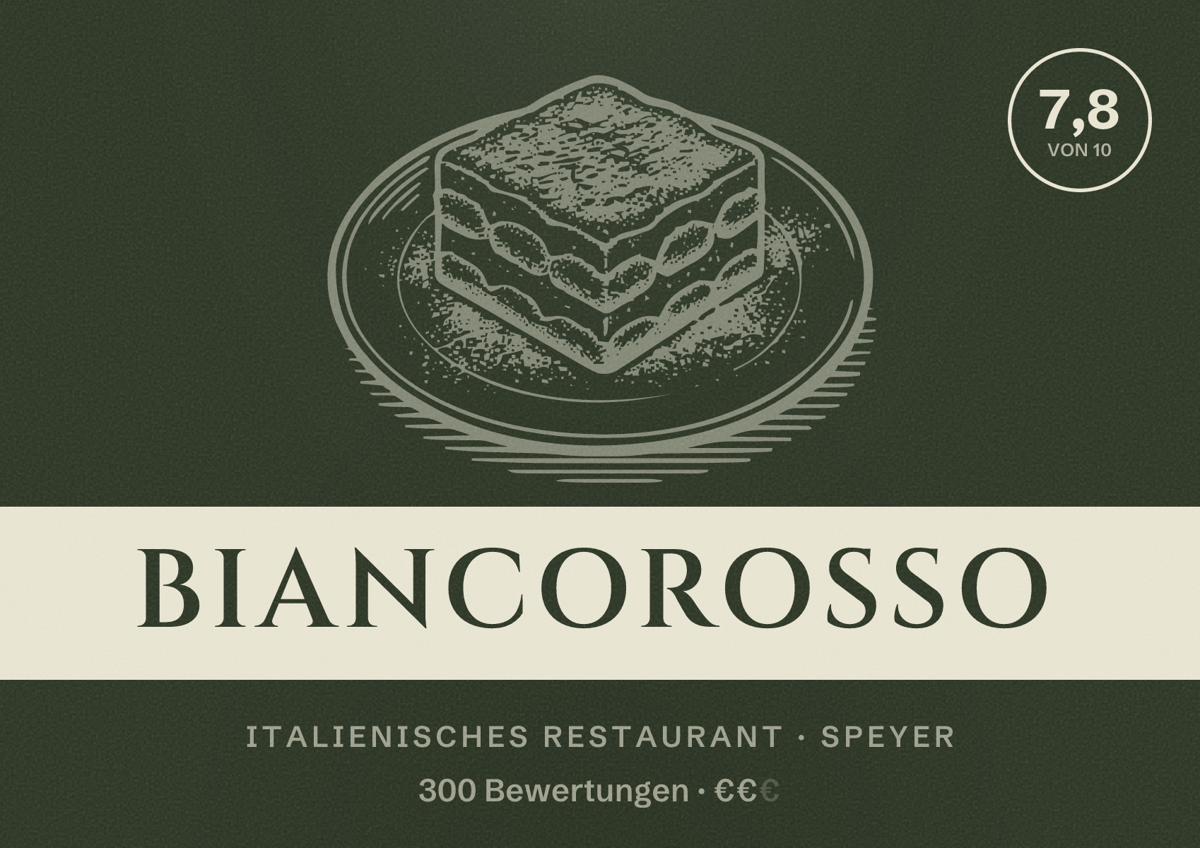 Illustriertes Poster von BiancoRosso, Italienisches Restaurant in Speyer: Bewertung 7,8 von 10 aus 300 Bewertungen, Preisniveau €€
