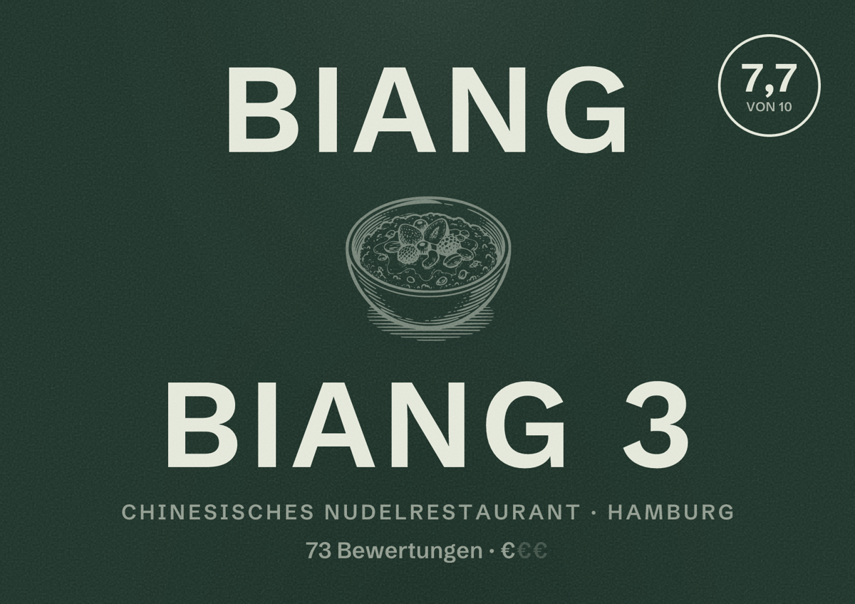 Illustriertes Poster von Biang Biang 3, Chinesisches Nudelrestaurant in Hamburg: Bewertung 7,7 von 10 aus 73 Bewertungen, Preisniveau €