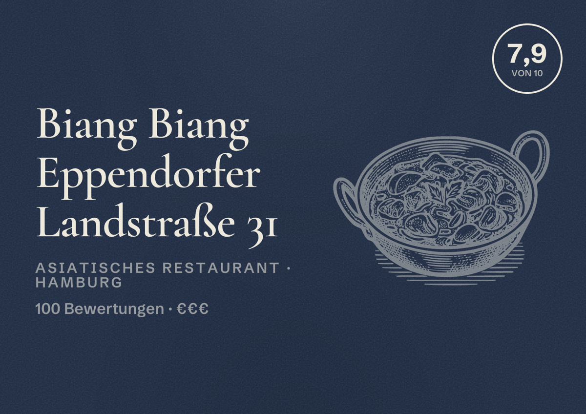 Illustriertes Poster von Biang Biang Eppendorfer Landstraße 31, Asiatisches Restaurant in Hamburg: Bewertung 7,9 von 10 aus 100 Bewertungen, Preisniveau €€€