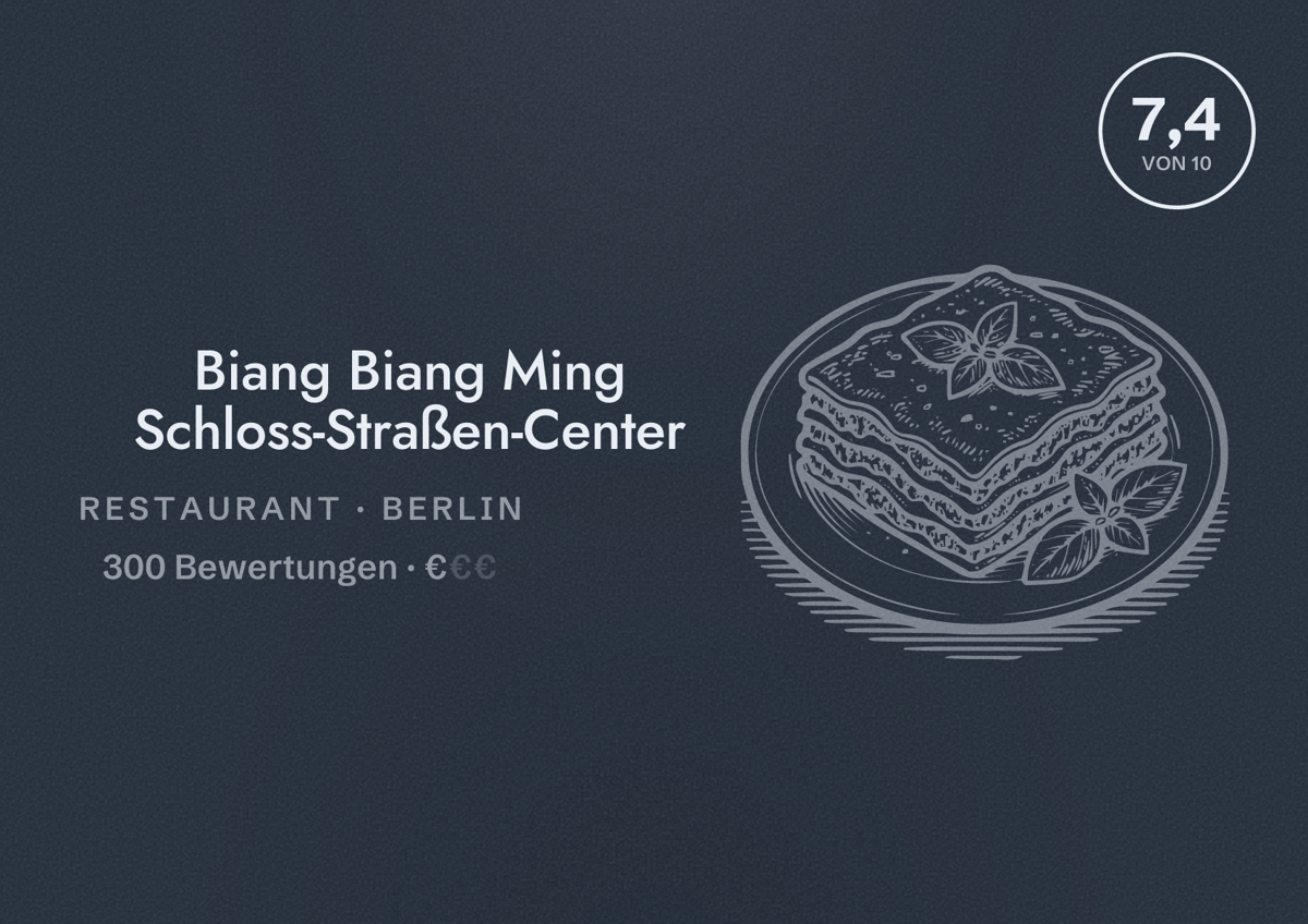 Illustriertes Poster von Biang Biang Ming Schloss-Straßen-Center, Restaurant in Berlin: Bewertung 7,4 von 10 aus 300 Bewertungen, Preisniveau €