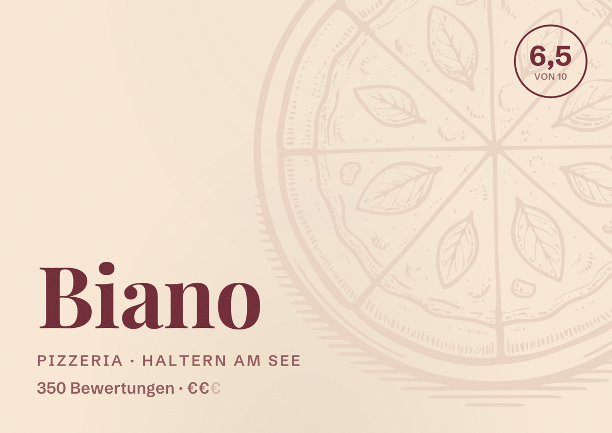 Illustriertes Poster von Biano, Pizzeria in Haltern am See: Bewertung 6,5 von 10 aus 350 Bewertungen, Preisniveau €€