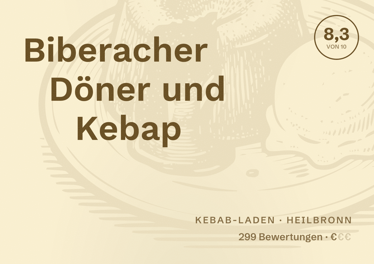 Illustriertes Poster von Biberacher Döner und Kebap, Kebab-Laden in Heilbronn: Bewertung 8,3 von 10 aus 299 Bewertungen, Preisniveau €