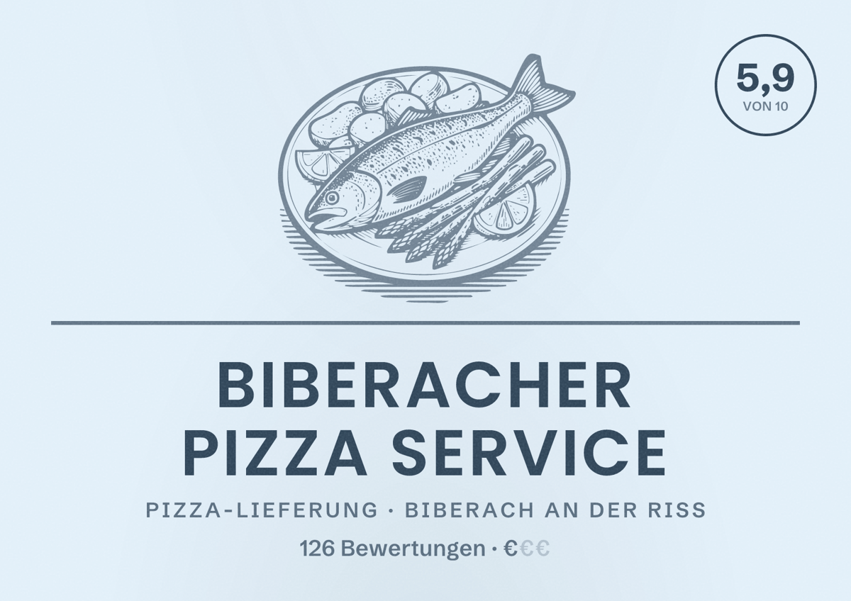 Illustriertes Poster von Biberacher Pizza Service, Pizza-Lieferung in Biberach an der Riß: Bewertung 5,9 von 10 aus 126 Bewertungen, Preisniveau €