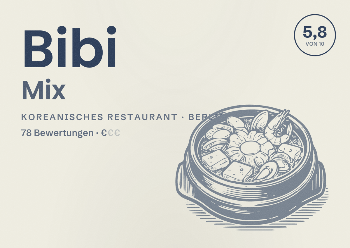 Illustriertes Poster von Bibi Mix, Koreanisches Restaurant in Berlin: Bewertung 5,8 von 10 aus 78 Bewertungen, Preisniveau €