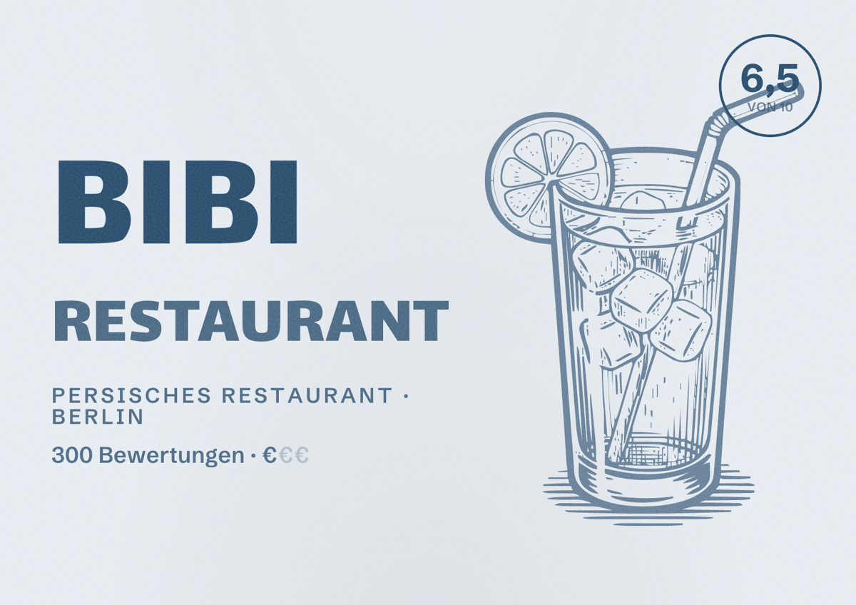 Illustriertes Poster von Bibi Restaurant, Persisches Restaurant in Berlin: Bewertung 6,5 von 10 aus 300 Bewertungen, Preisniveau €
