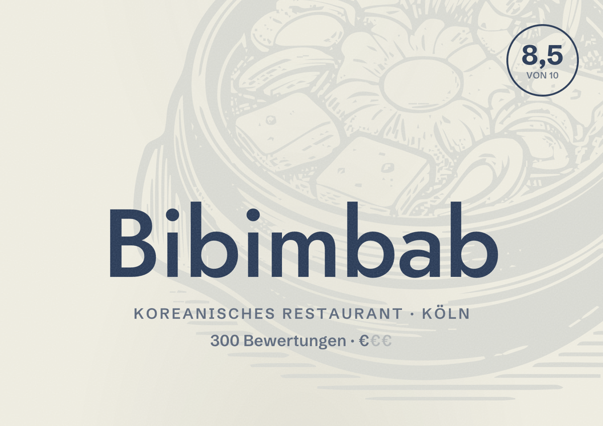 Illustriertes Poster von Bibimbab, Koreanisches Restaurant in Köln: Bewertung 8,5 von 10 aus 300 Bewertungen, Preisniveau €