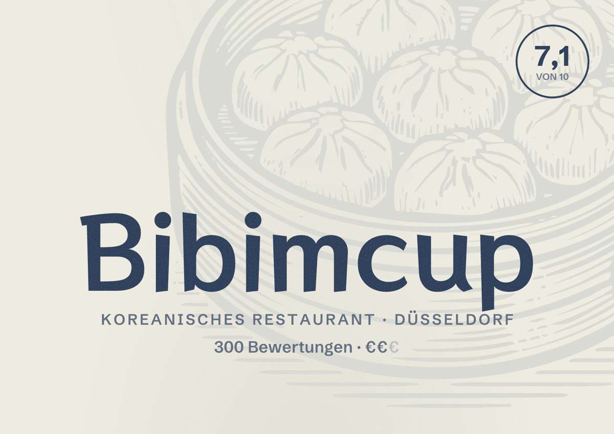 Illustriertes Poster von Bibimcup, Koreanisches Restaurant in Düsseldorf: Bewertung 7,1 von 10 aus 300 Bewertungen, Preisniveau €€
