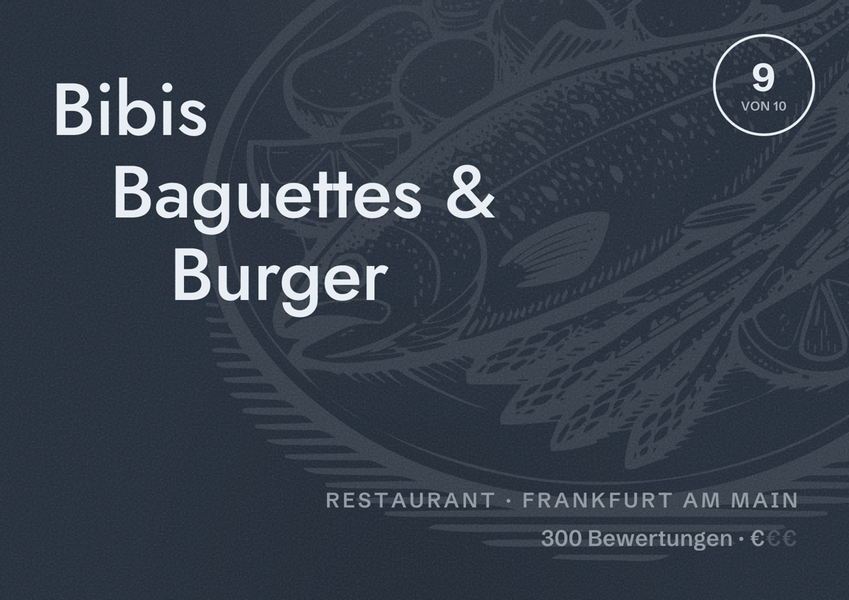 Illustriertes Poster von Bibis Baguettes & Burger, Restaurant in Frankfurt am Main: Bewertung 9,0 von 10 aus 300 Bewertungen, Preisniveau €
