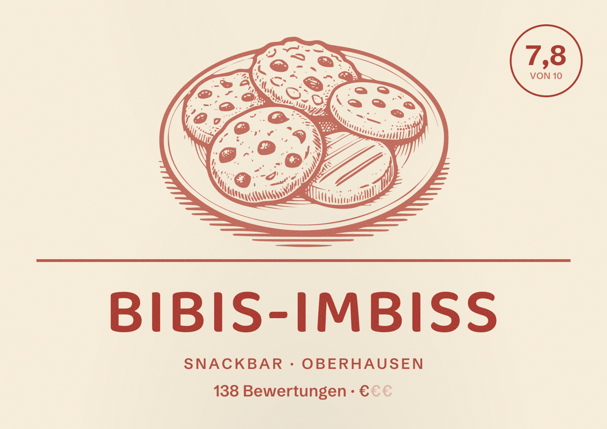 Illustriertes Poster von Bibis-Imbiss, Snackbar in Oberhausen: Gästebewertung 7,8 von 10 aus 138 Bewertungen