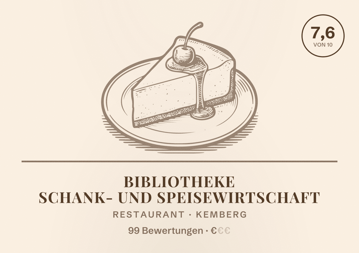 Illustriertes Poster von BiblioTheke Schank- und Speisewirtschaft, Restaurant in Kemberg: Bewertung 7,6 von 10 aus 99 Bewertungen, Preisniveau €