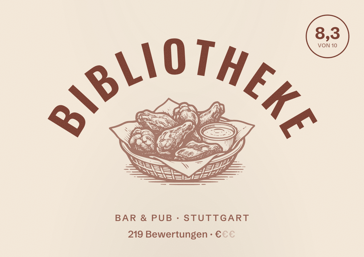 Illustriertes Poster von BiblioTheke, Bar & Pub in Stuttgart: Bewertung 8,3 von 10 aus 219 Bewertungen, Preisniveau €