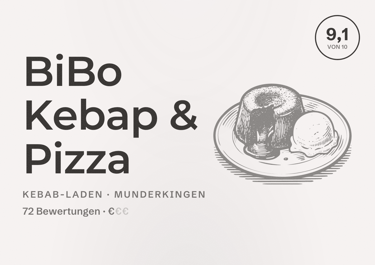 Illustriertes Poster von BiBo Kebap & Pizza, Kebab-Laden in Munderkingen: Bewertung 9,1 von 10 aus 72 Bewertungen, Preisniveau €