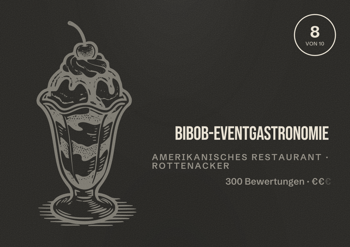 Illustriertes Poster von BiBoB-Eventgastronomie, Amerikanisches Restaurant in Rottenacker: Bewertung 8 von 10 aus 300 Bewertungen, Preisniveau €€