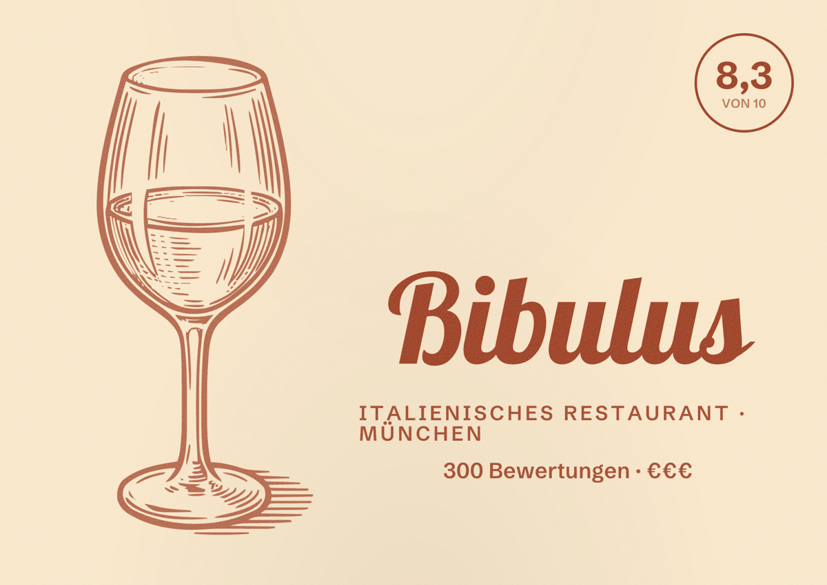 Illustriertes Poster von Bibulus, Italienisches Restaurant in München: Bewertung 8,3 von 10 aus 300 Bewertungen, Preisniveau €€€