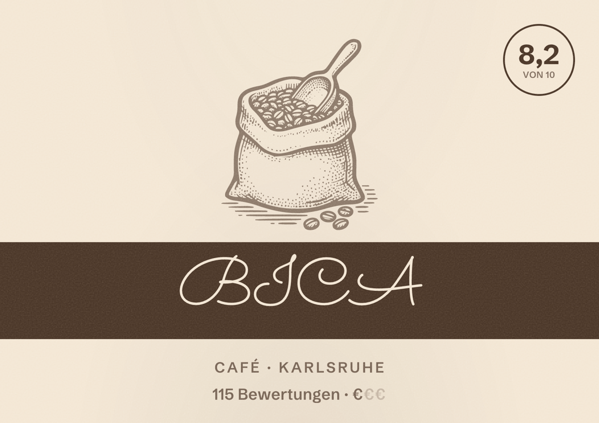Illustriertes Poster von BICA, Café in Karlsruhe: Bewertung 8,2 von 10 aus 115 Bewertungen, Preisniveau €