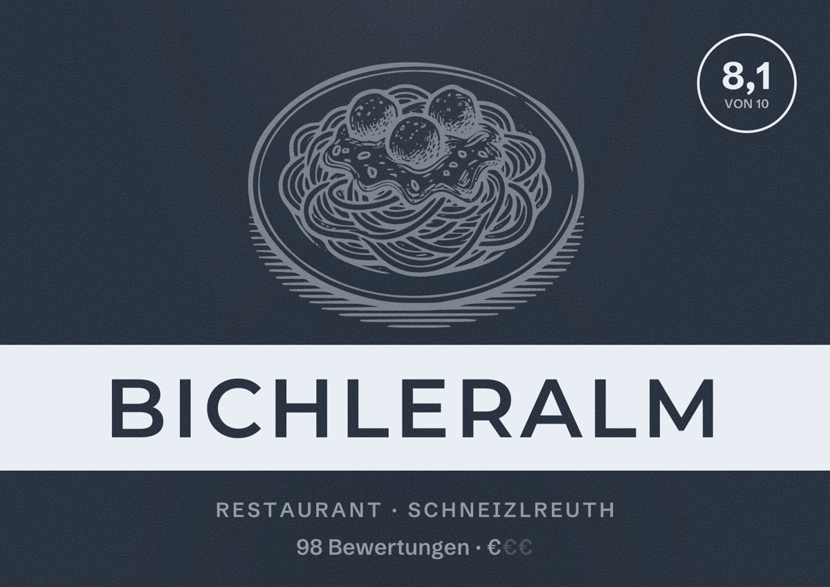 Illustriertes Poster von Bichleralm, Restaurant in Schneizlreuth: Bewertung 8,1 von 10 aus 98 Bewertungen, Preisniveau €