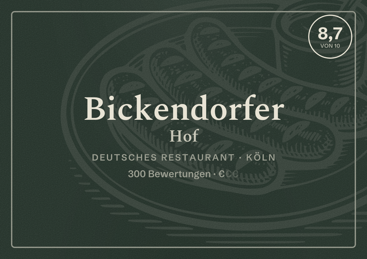 Illustriertes Poster von Bickendorfer Hof, Deutsches Restaurant in Köln: Bewertung 8,7 von 10 aus 300 Bewertungen, Preisniveau €