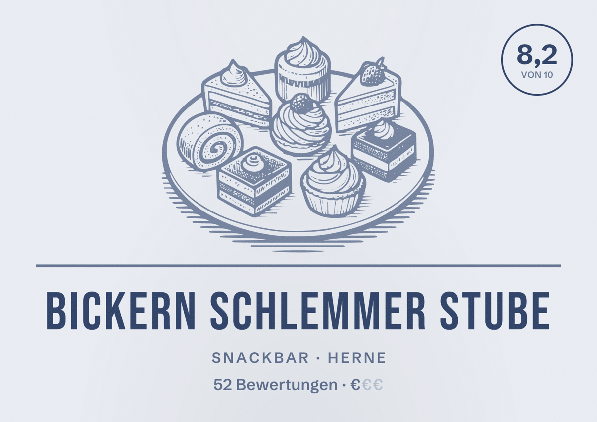 Illustriertes Poster von Bickern Schlemmer Stube, Snackbar in Herne: Bewertung 8,2 von 10 aus 52 Bewertungen, Preisniveau €