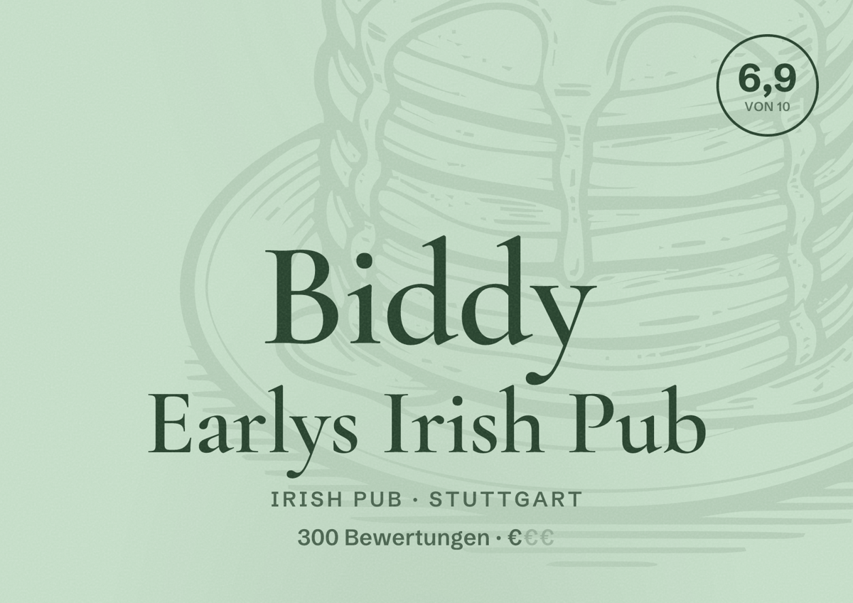 Illustriertes Poster von Biddy Earlys Irish Pub, Irish Pub in Stuttgart: Bewertung 6,9 von 10 aus 300 Bewertungen, Preisniveau €