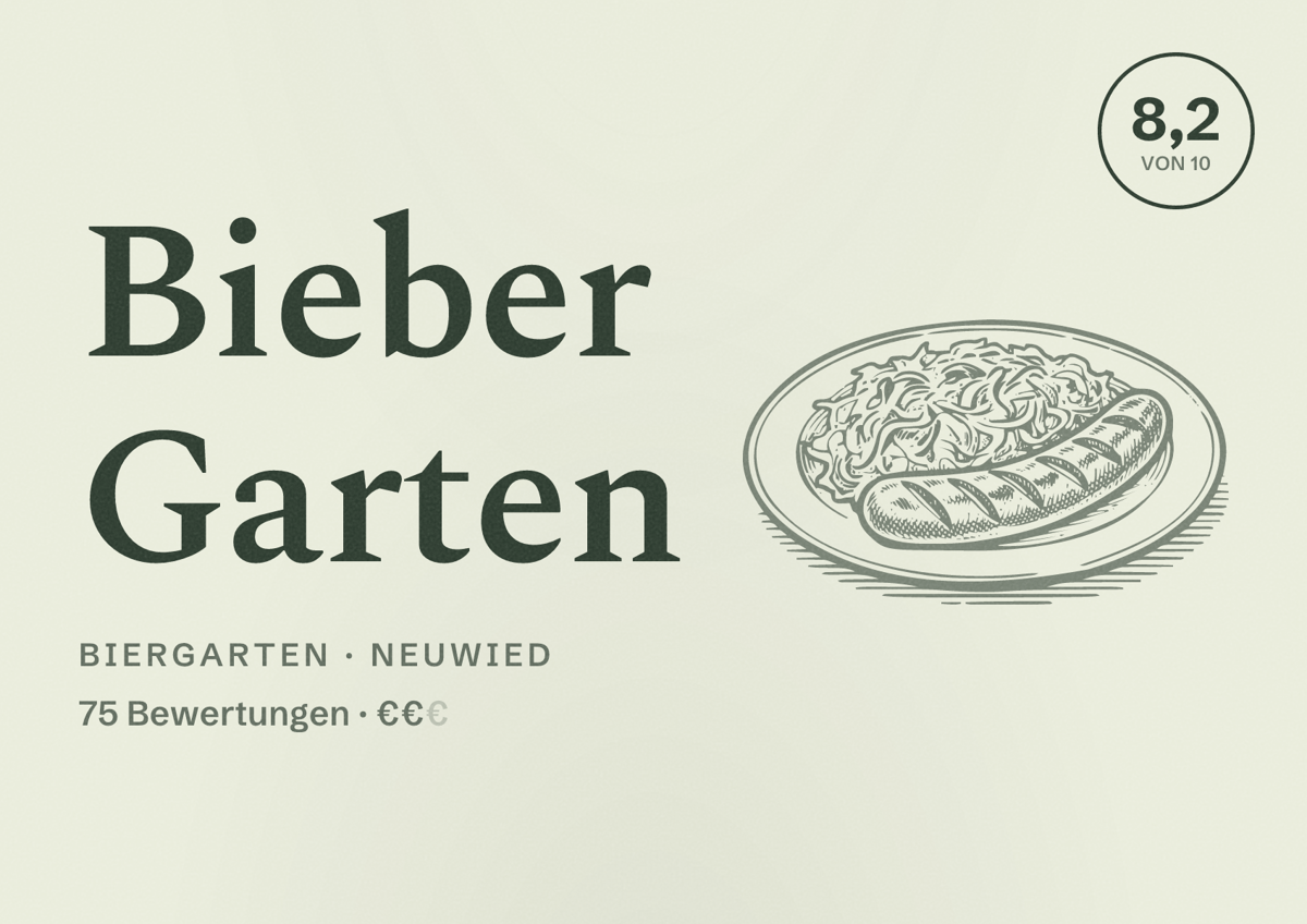 Illustriertes Poster von Bieber Garten, Biergarten in Neuwied: Bewertung 8,2 von 10 aus 75 Bewertungen, Preisniveau €€