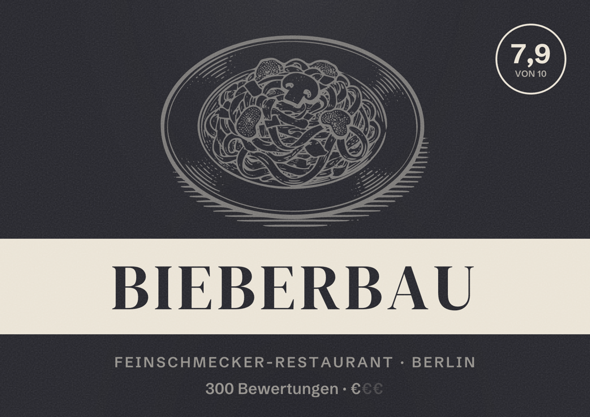 Illustriertes Poster von Bieberbau, Feinschmecker-Restaurant in Berlin: Bewertung 7,9 von 10 aus 300 Bewertungen, Preisniveau €