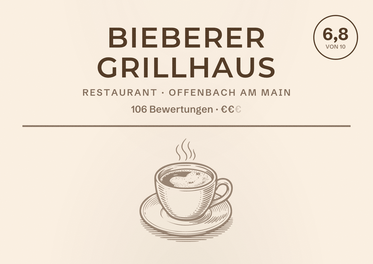 Illustriertes Poster von Bieberer Grillhaus, Restaurant in Offenbach am Main: Bewertung 6,8 von 10 aus 106 Bewertungen, Preisniveau €€