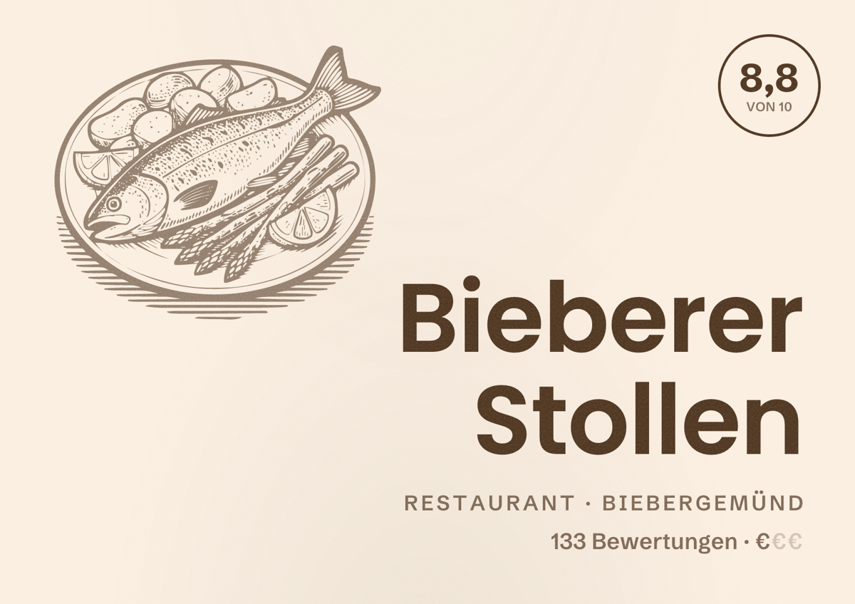 Illustriertes Poster von Bieberer Stollen, Restaurant in Biebergemünd: Bewertung 8,8 von 10 aus 133 Bewertungen, Preisniveau €
