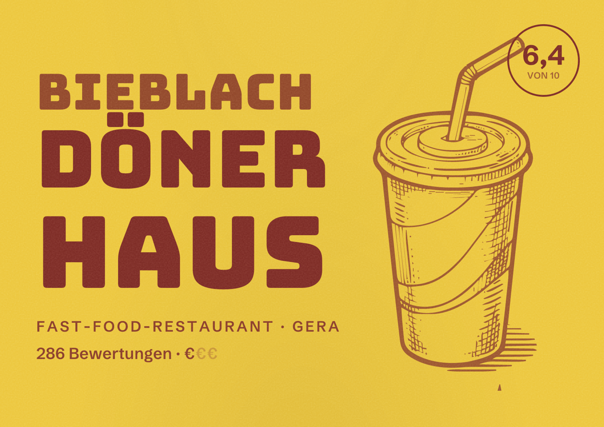 Illustriertes Poster von Bieblach Döner Haus, Fast-Food-Restaurant in Gera: Bewertung 6,4 von 10 aus 286 Bewertungen, Preisniveau €
