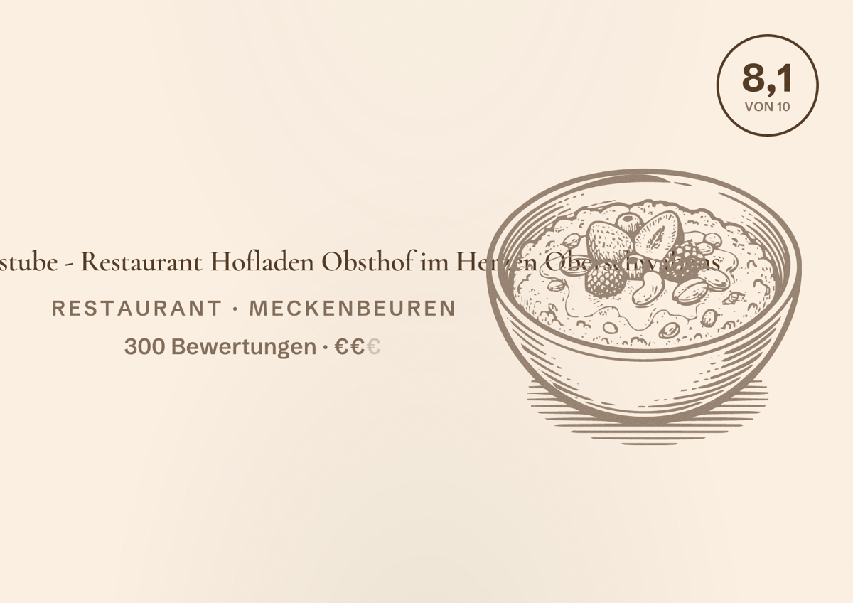Illustriertes Poster von Bieggers Hopfenstube - Restaurant Hofladen Obsthof im Herzen Oberschwabens, Restaurant in Meckenbeuren: Bewertung 8,1 von 10 aus 300 Bewertungen, Preisniveau €€