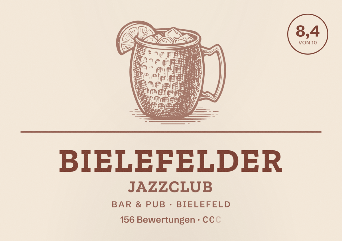 Illustriertes Poster von Bielefelder JazzClub, Bar & Pub in Bielefeld: Bewertung 8,4 von 10 aus 156 Bewertungen, Preisniveau €€