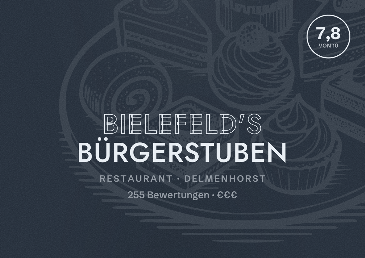 Illustriertes Poster von Bielefeld's Bürgerstuben, Restaurant in Delmenhorst: Bewertung 7,8 von 10 aus 255 Bewertungen, Preisniveau €€€