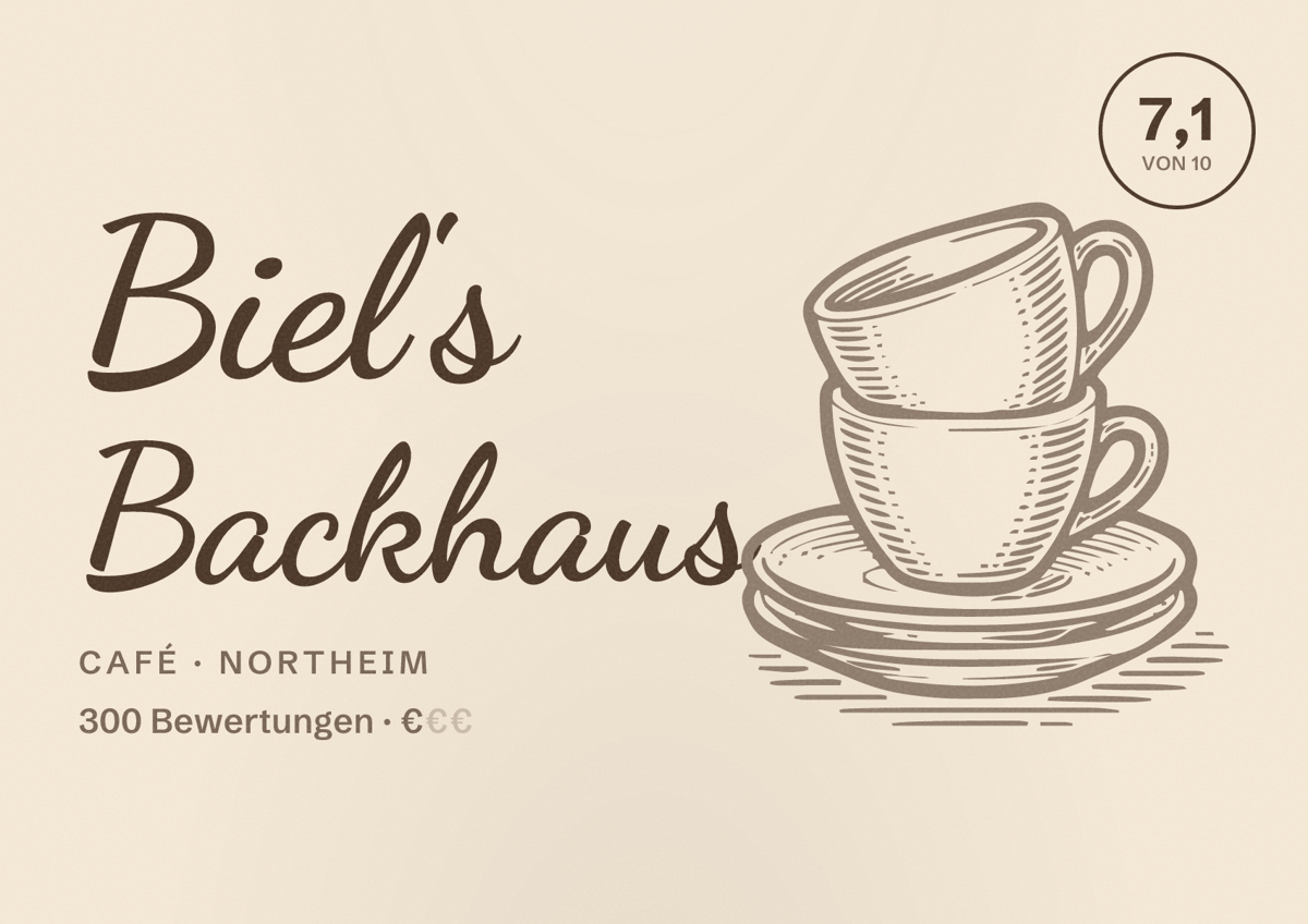 Illustriertes Poster von Biel's Backhaus, Café in Northeim: Bewertung 7,1 von 10 aus 300 Bewertungen, Preisniveau €
