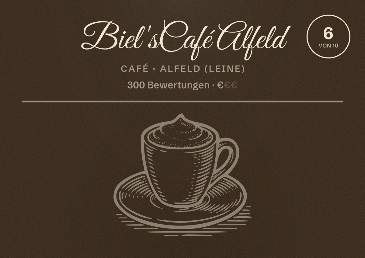 Illustriertes Poster von Biel's Café Alfeld, Café in Alfeld (Leine): Bewertung 6 von 10 aus 300 Bewertungen, Preisniveau €