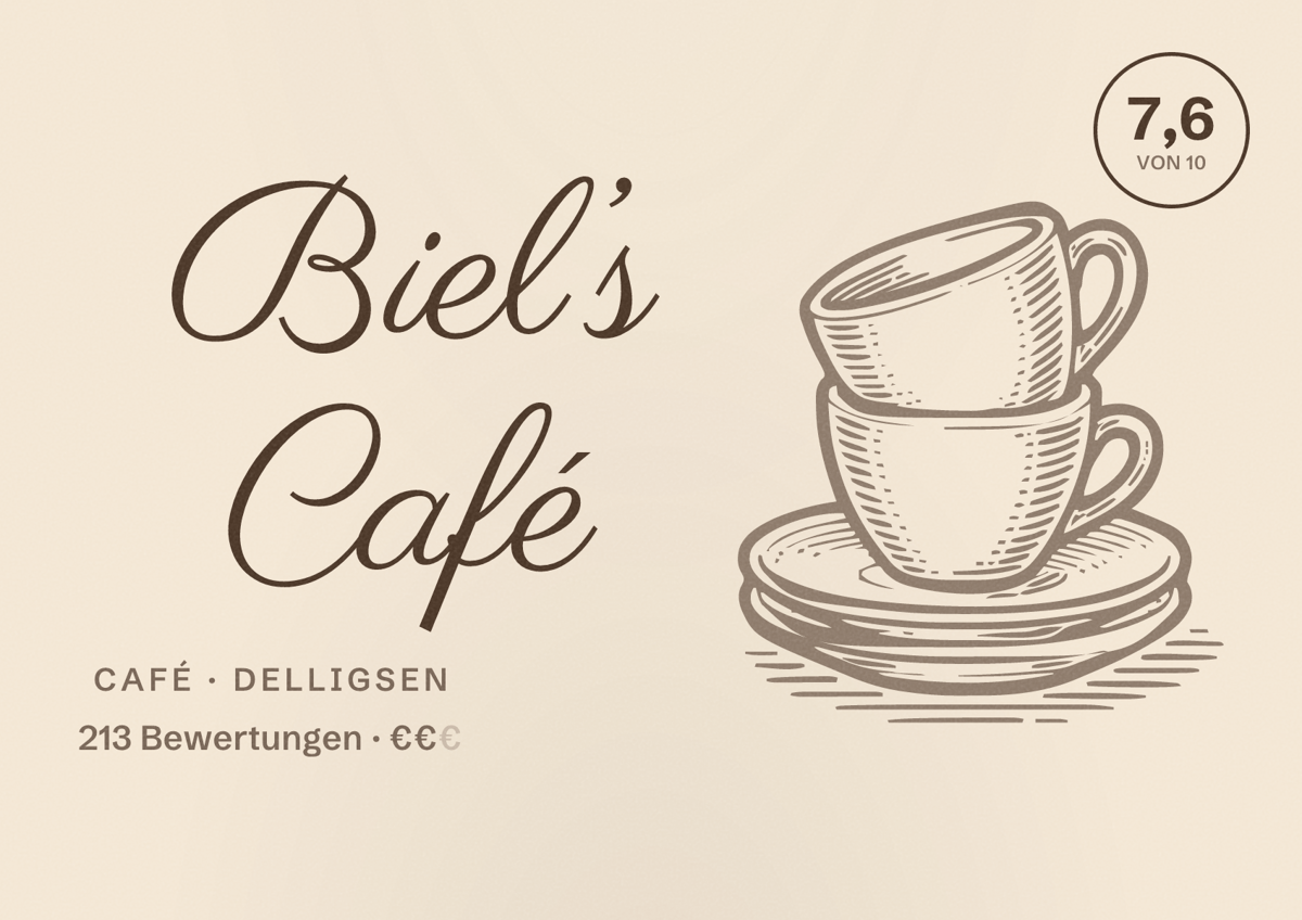 Illustriertes Poster von Biel’s Café, Café in Delligsen: Bewertung 7,6 von 10 aus 213 Bewertungen, Preisniveau €€