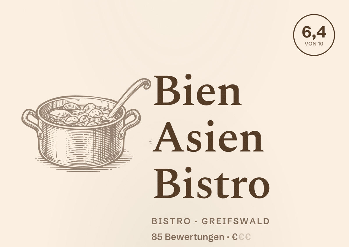 Illustriertes Poster von Bien Asien Bistro, Bistro in Greifswald: Bewertung 6,4 von 10 aus 85 Bewertungen, Preisniveau €