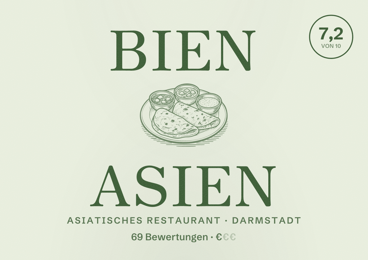 Illustriertes Poster von Bien Asien, Asiatisches Restaurant in Darmstadt: Bewertung 7,2 von 10 aus 69 Bewertungen, Preisniveau €