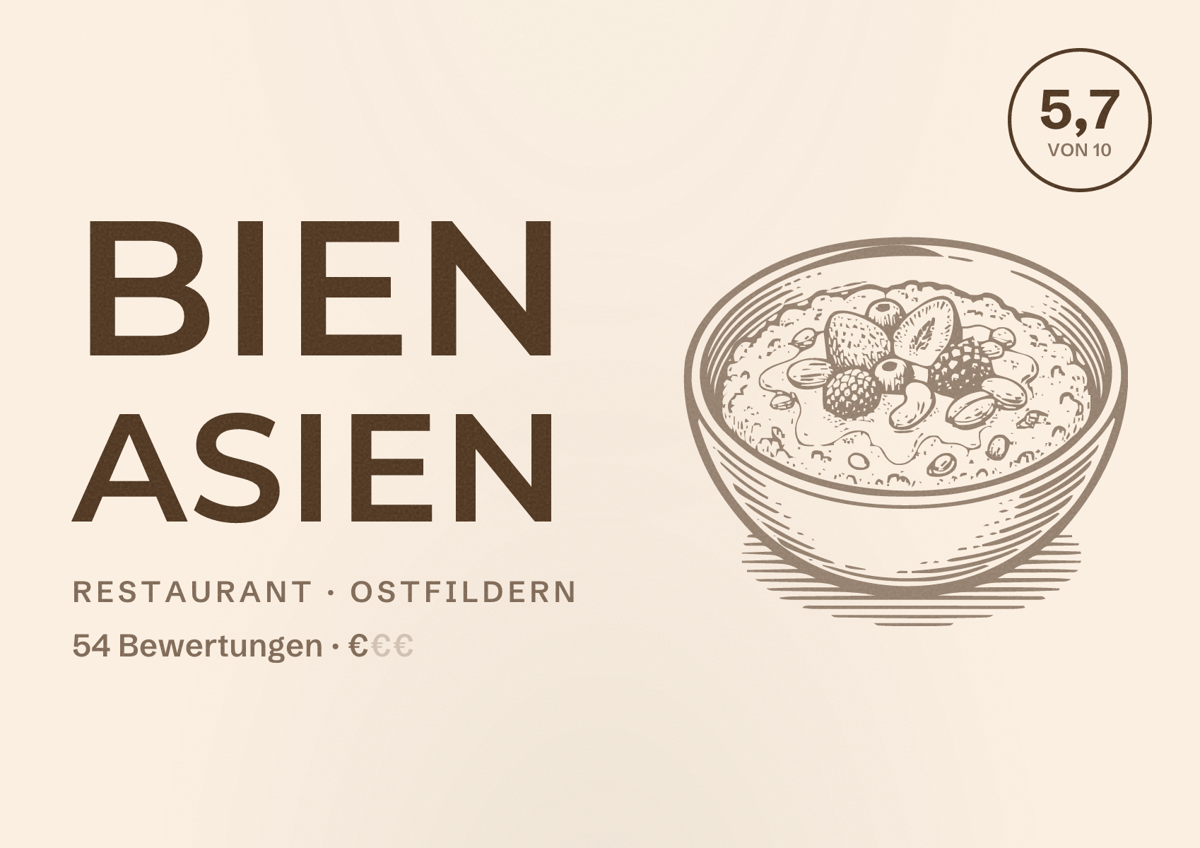 Illustriertes Poster von Bien Asien, Restaurant in Ostfildern: Bewertung 5,7 von 10 aus 54 Bewertungen, Preisniveau €