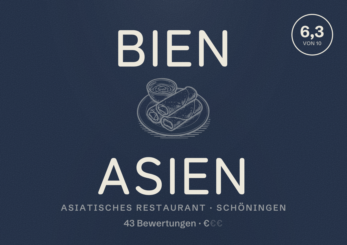 Illustriertes Poster von Bien Asien, Asiatisches Restaurant in Schöningen: Bewertung 6,3 von 10 aus 43 Bewertungen, Preisniveau €