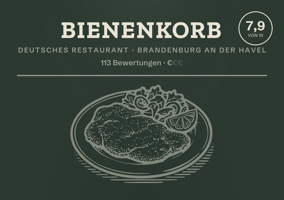Illustriertes Poster von Bienenkorb, Deutsches Restaurant in Brandenburg an der Havel: Bewertung 7,9 von 10 aus 113 Bewertungen, Preisniveau €