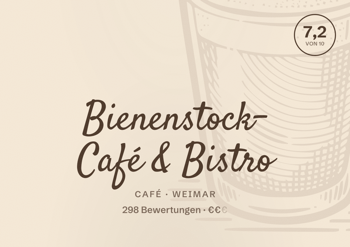 Illustriertes Poster von Bienenstock- Café & Bistro, Café in Weimar: Bewertung 7,2 von 10 aus 298 Bewertungen, Preisniveau €€