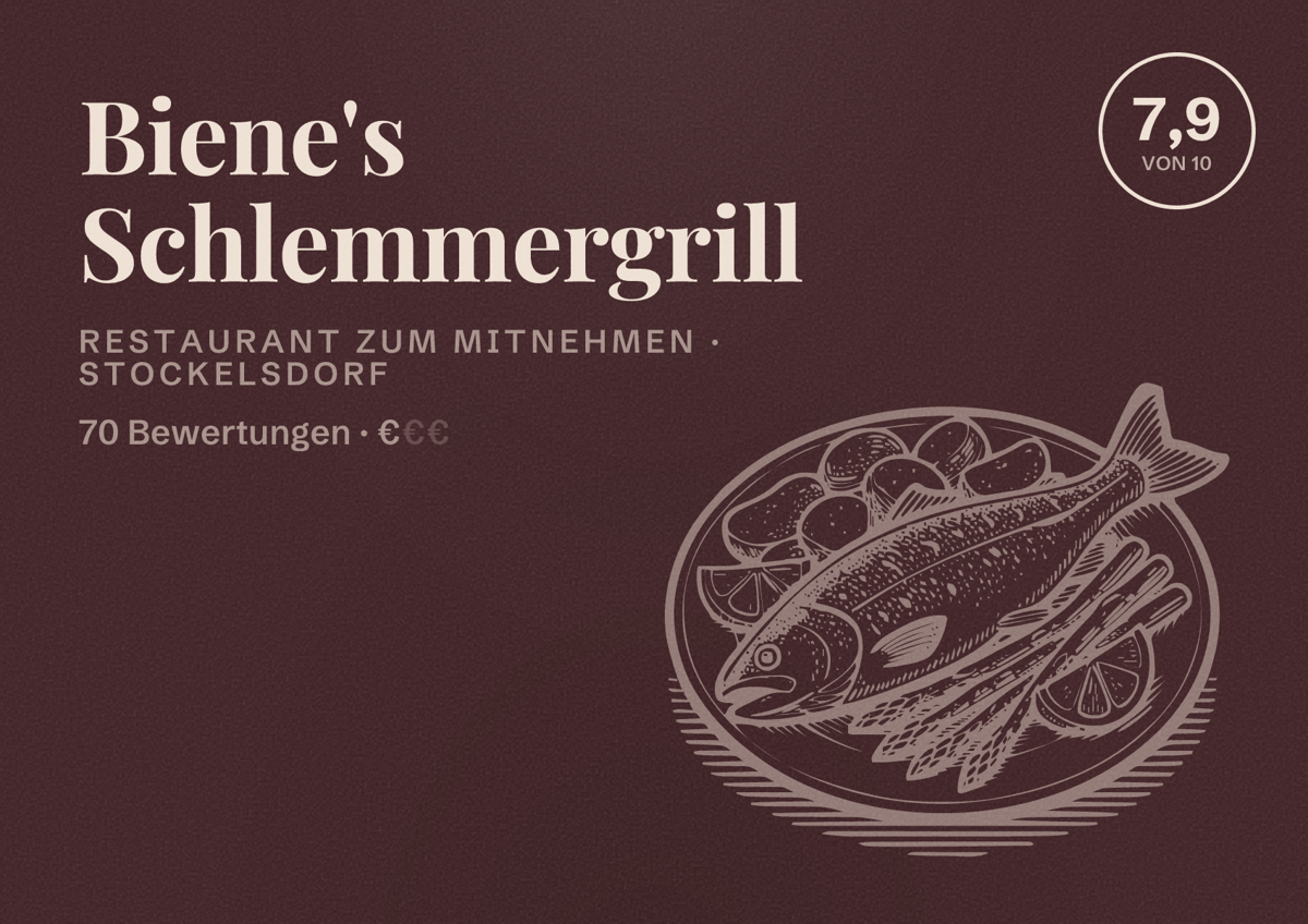 Illustriertes Poster von Biene's Schlemmergrill, Restaurant zum Mitnehmen in Stockelsdorf: Bewertung 7,9 von 10 aus 70 Bewertungen, Preisniveau €