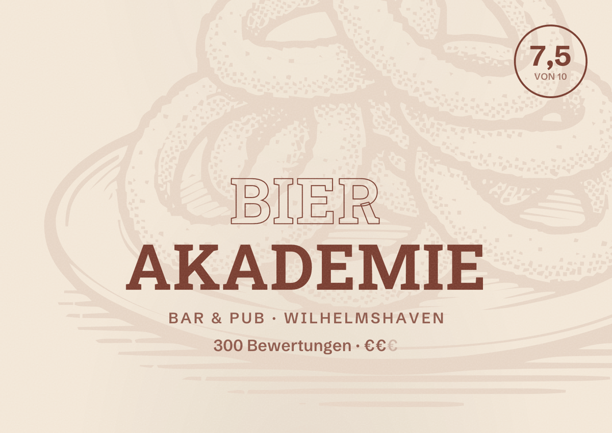 Illustriertes Poster von Bier Akademie, Bar & Pub in Wilhelmshaven: Bewertung 7,5 von 10 aus 300 Bewertungen, Preisniveau €€