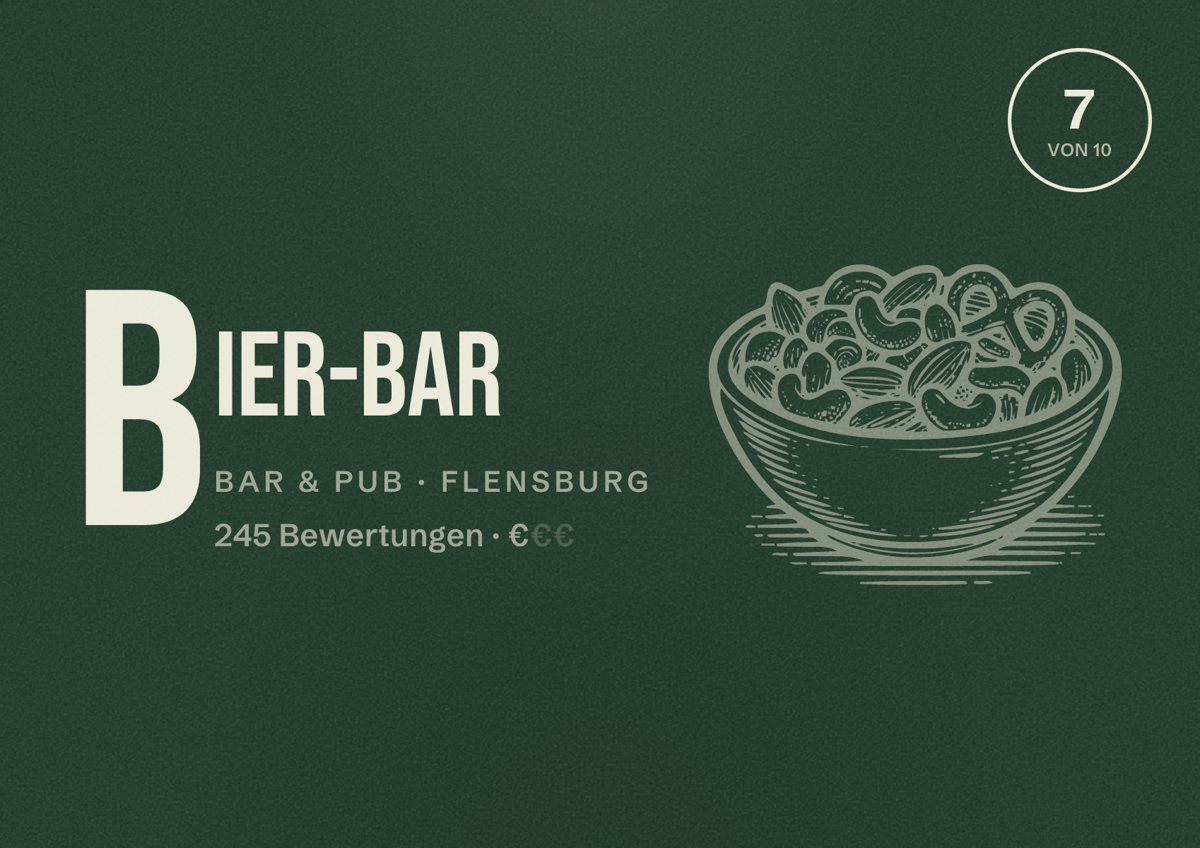 Illustriertes Poster von Bier-Bar, Bar & Pub in Flensburg: Bewertung 7 von 10 aus 245 Bewertungen, Preisniveau €
