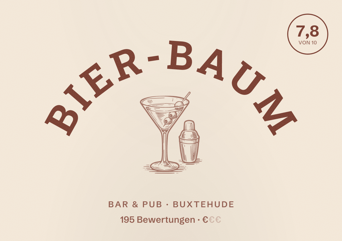 Illustriertes Poster von Bier-Baum, Bar & Pub in Buxtehude: Bewertung 7,8 von 10 aus 195 Bewertungen, Preisniveau €
