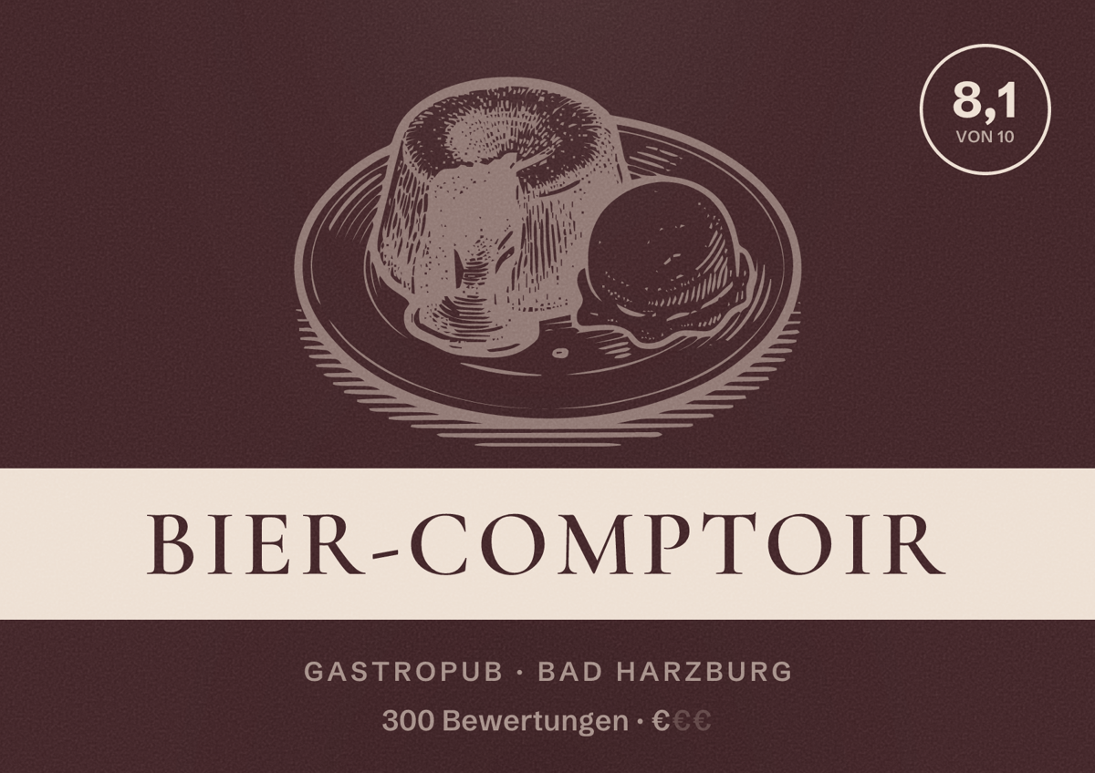 Illustriertes Poster von Bier-Comptoir, Gastropub in Bad Harzburg: Bewertung 8,1 von 10 aus 300 Bewertungen, Preisniveau €