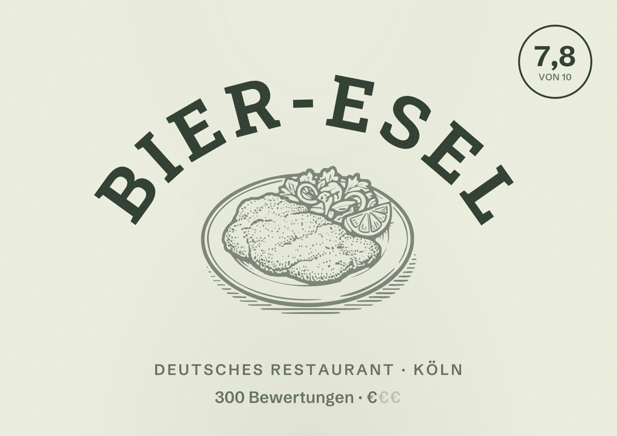 Illustriertes Poster von Bier-Esel, Deutsches Restaurant in Köln: Bewertung 7,8 von 10 aus 300 Bewertungen, Preisniveau €